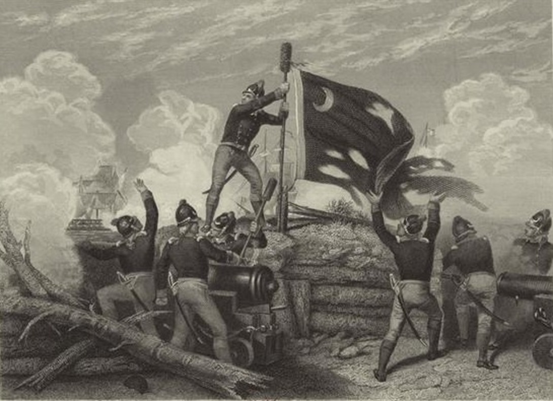 An image of Sgt. Jasper raising the battle flag of the colonial forces