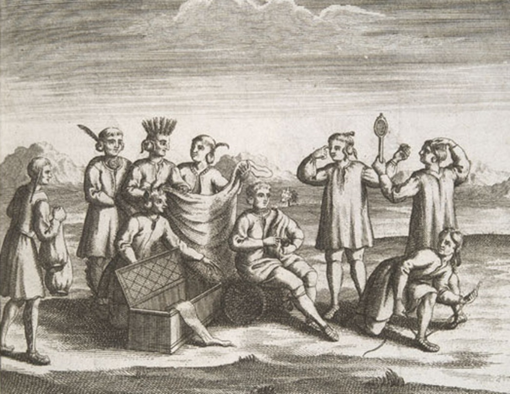 Iroquois with various goods, presumably western goods which they traded for.