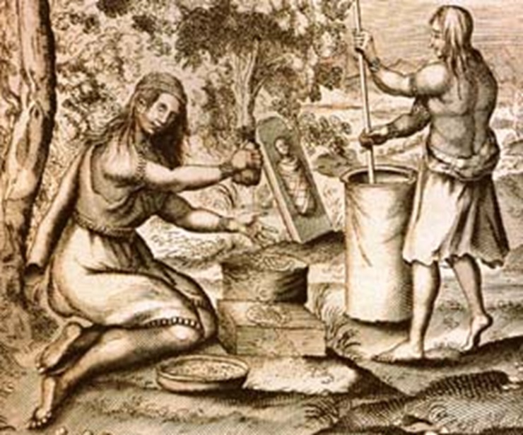 Iroquois women doing agricultural work: grinding corn or dried berries. 1664