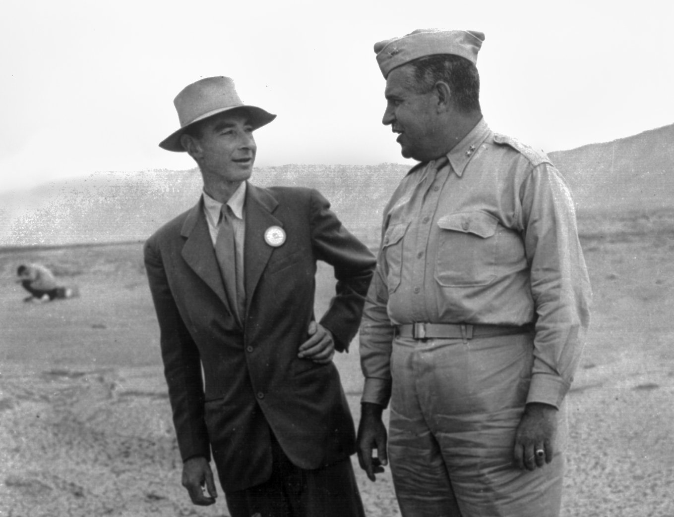 Grayscale Portrait Photo of J. Robert Oppenheimer and Leslie Groves