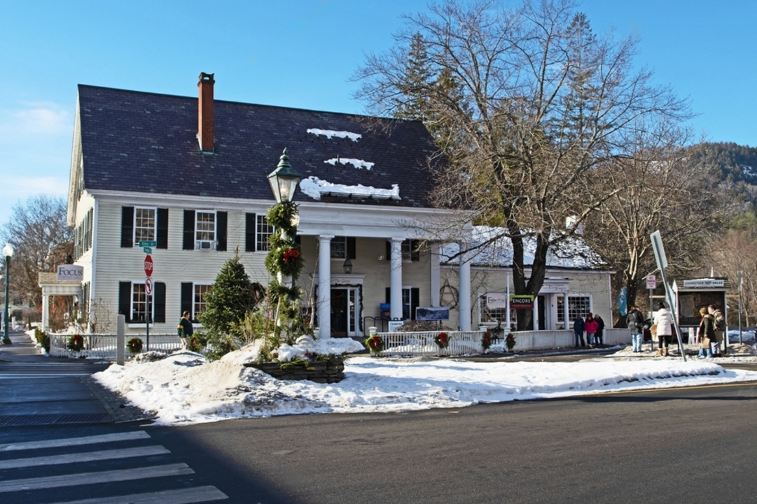 Woodstock, Vermont - December 29 2022: the intersection of Elm Street and Central street