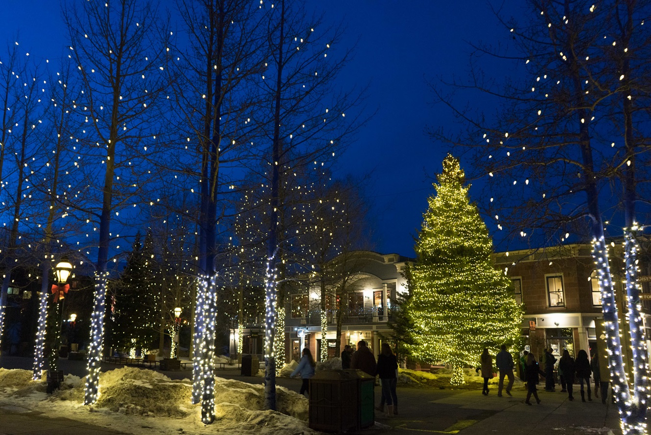Trees with lights at dusk in the main downtown plaza of Breckenridge, CO - 2016