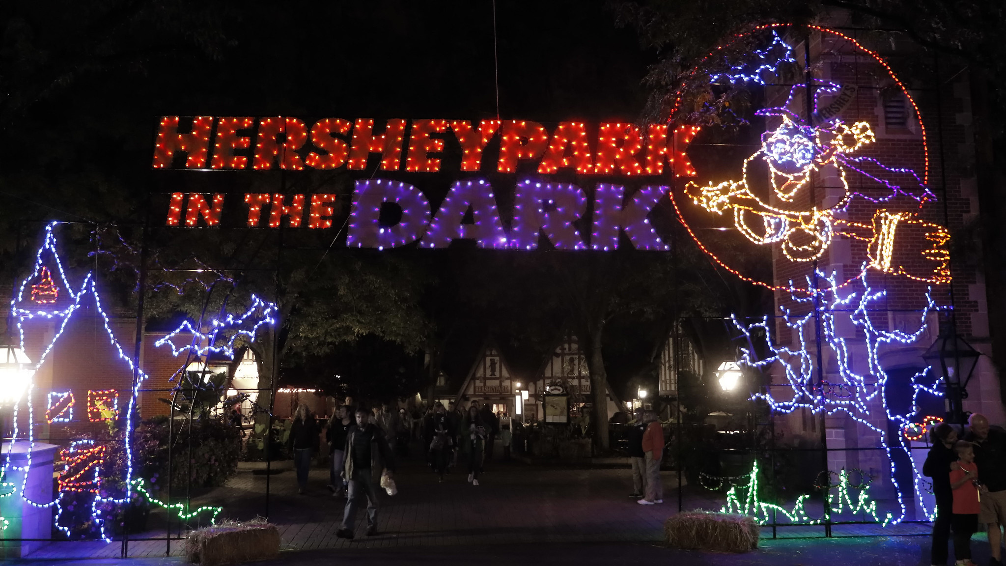 The lighted entry into Hershey Park