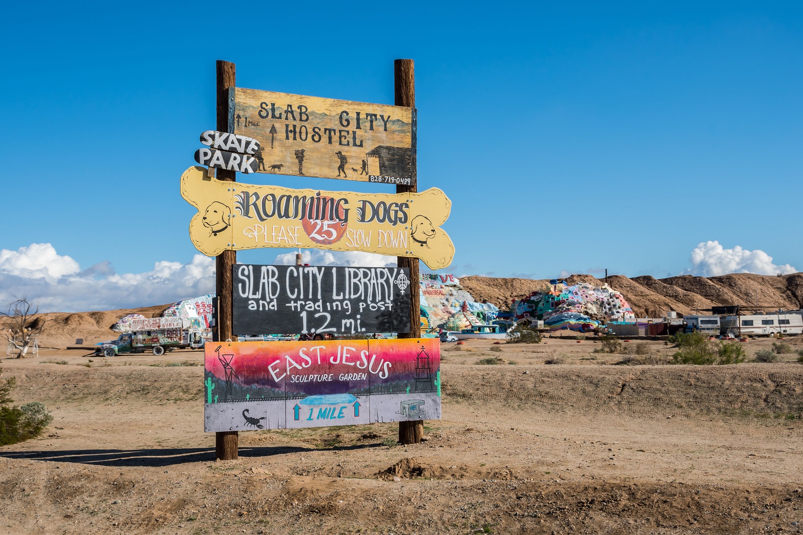 Salvation Mountain, CA, USA -December 24, 2019: A welcoming signboard at the entry point of the city