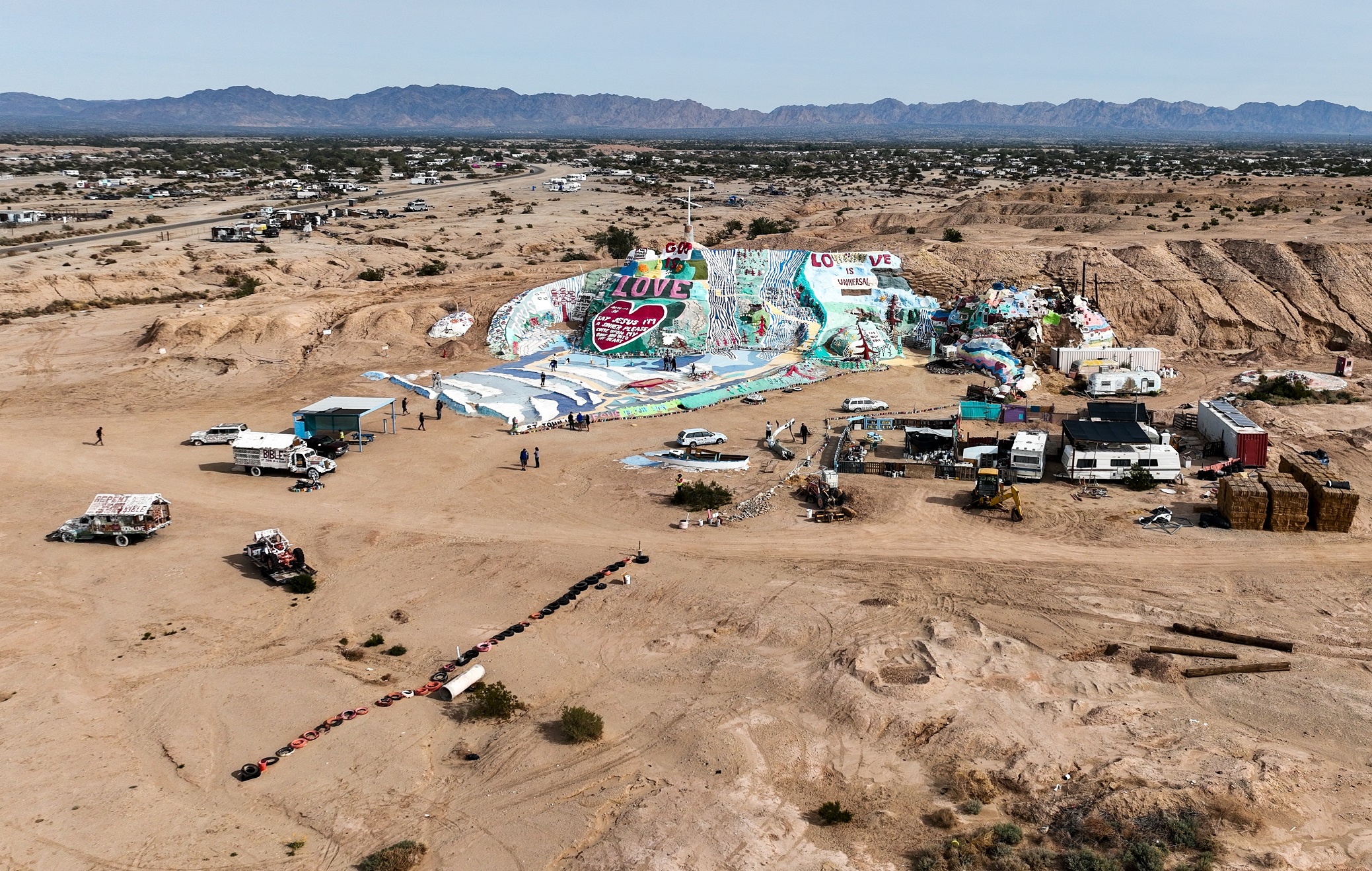 The Famous Salvation Mountain near the Salton Sea looking at a UAV Drone Aerial View of the location - 2023