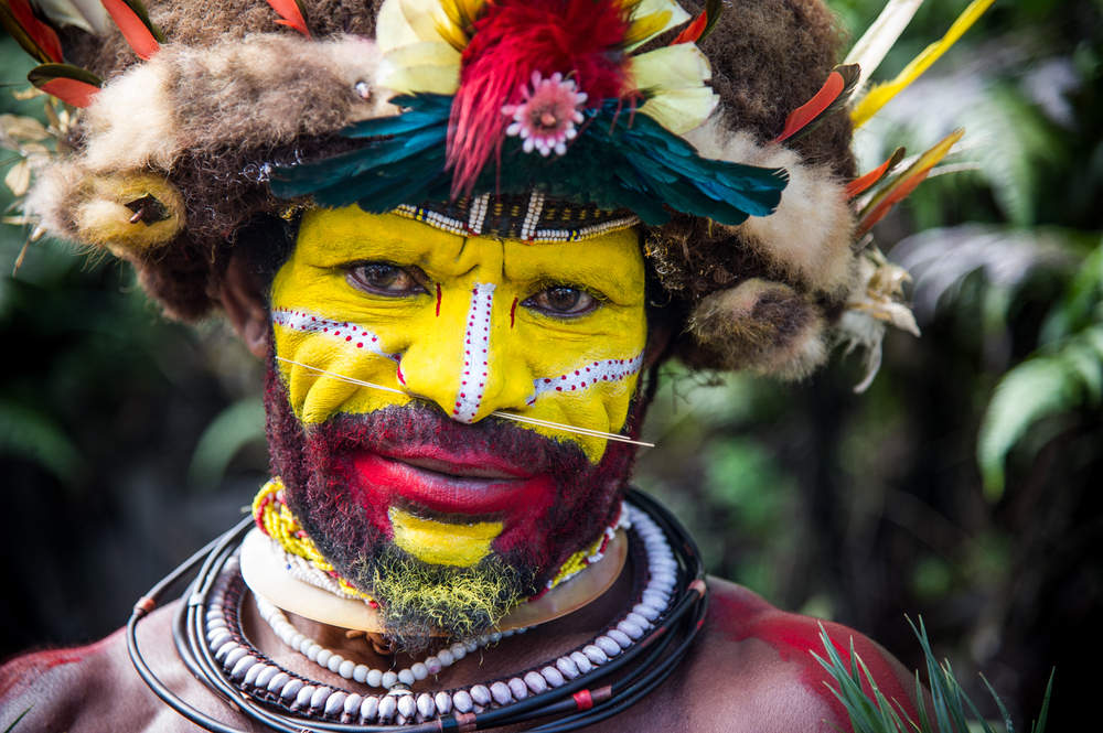 The men of the Huli tribe in Tari area of Papua New Guinea in traditional clothes
