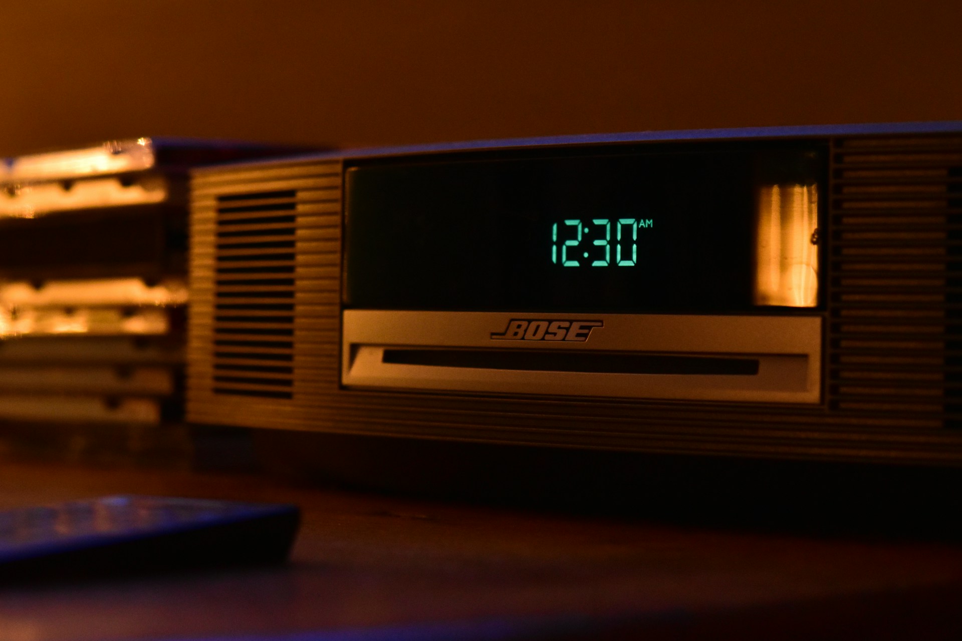 Bose radio clock on the table.