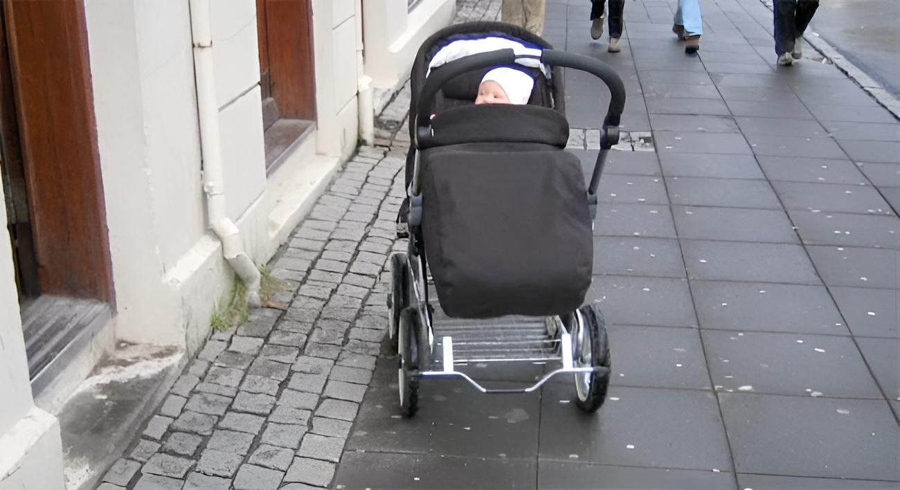Baby in a pram on the street in Iceland