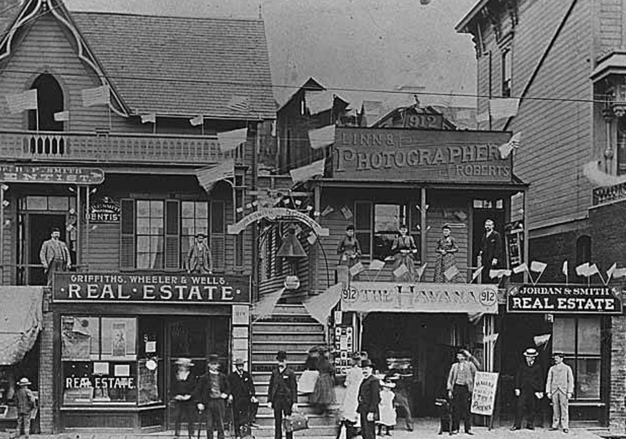 Wooden houses in Second Avenue businesses, Seattle - 1890
