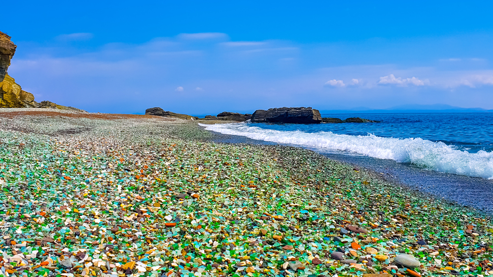 Colorful glass pebbles at beach