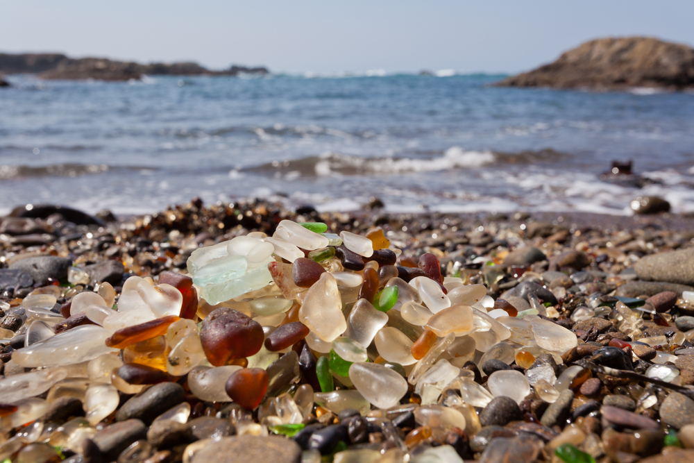 Pile of rounded glass shards or sea-glass of Fort Bragg
