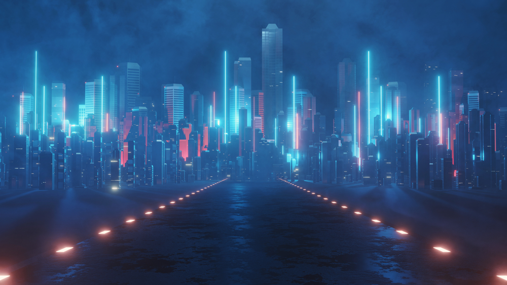 3D Rendering of neon mega city