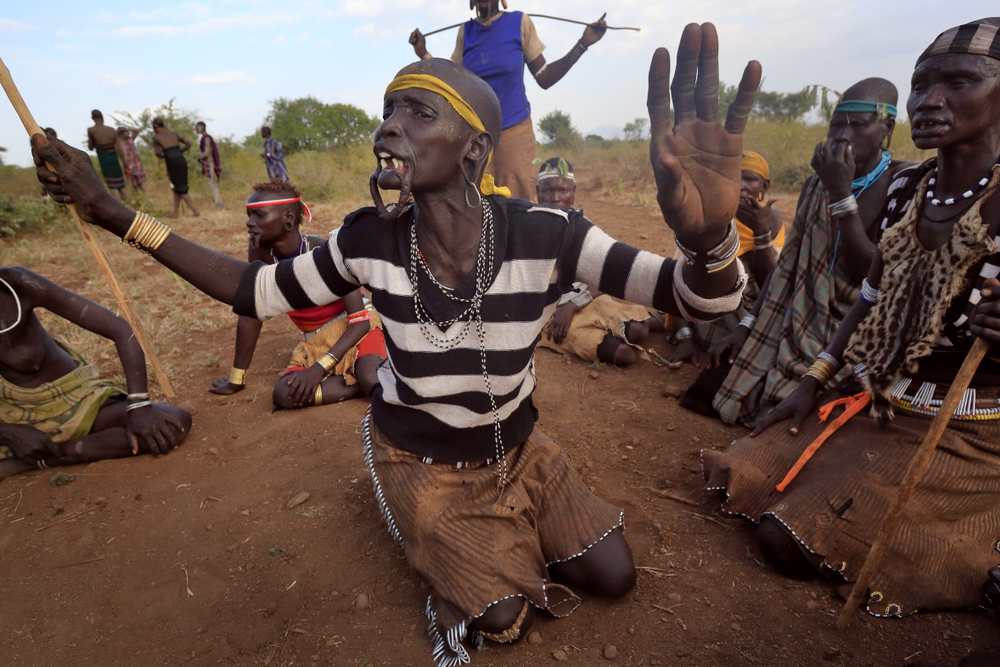 Unidentified warrior of the Mursi women at a wedding ceremony
