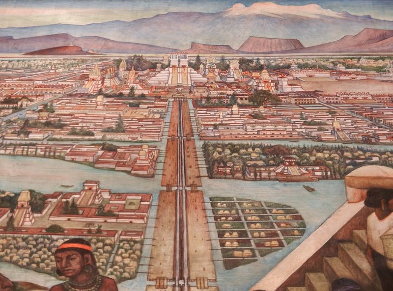 Tenochtitlan, view of the city shows the pyramids and various islands on which the people lived.