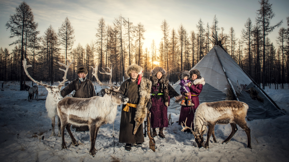 Tsaatan family, dukha tribe and their Reindeers