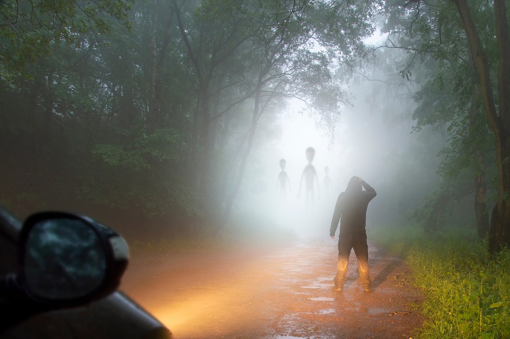 A science fiction concept of a man looking at aliens coming out the mist.