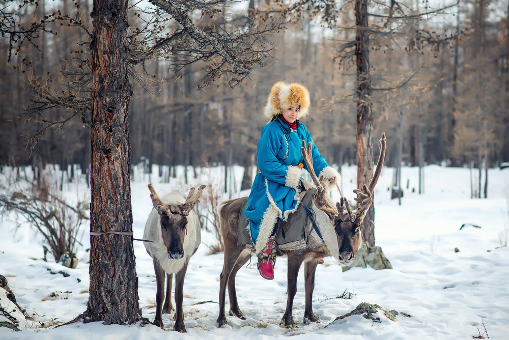 Girl from Tsaatan family, dukha tribe riding a reindeer