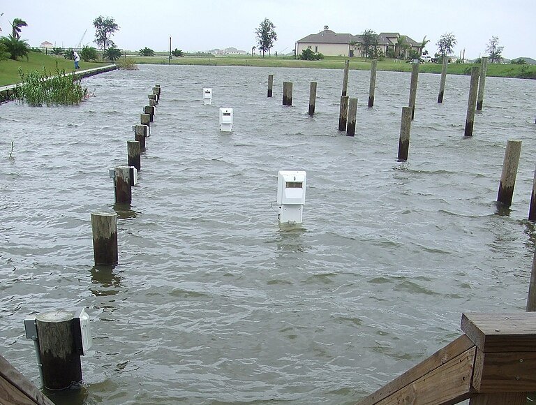 Flooded docks at marina in Slidell, Louisiana
