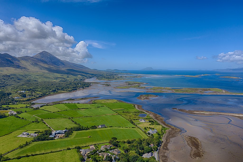 A view of Clew Bay from Westport bay. Farming as well as evidence of Mariculture can be seen from this aerial perspective.