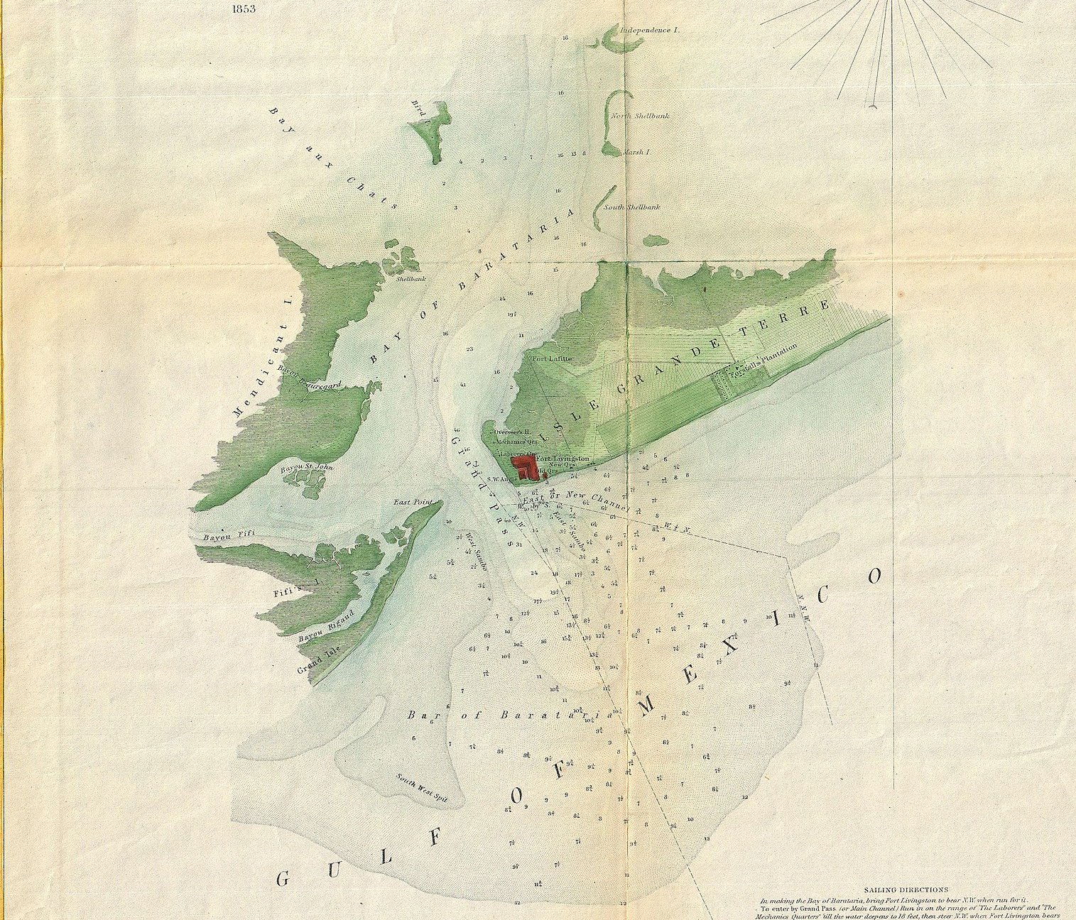 This is an attractive 1853 U.S. Coast Survey chart or nautical map or Barataria Bay, Louisiana.