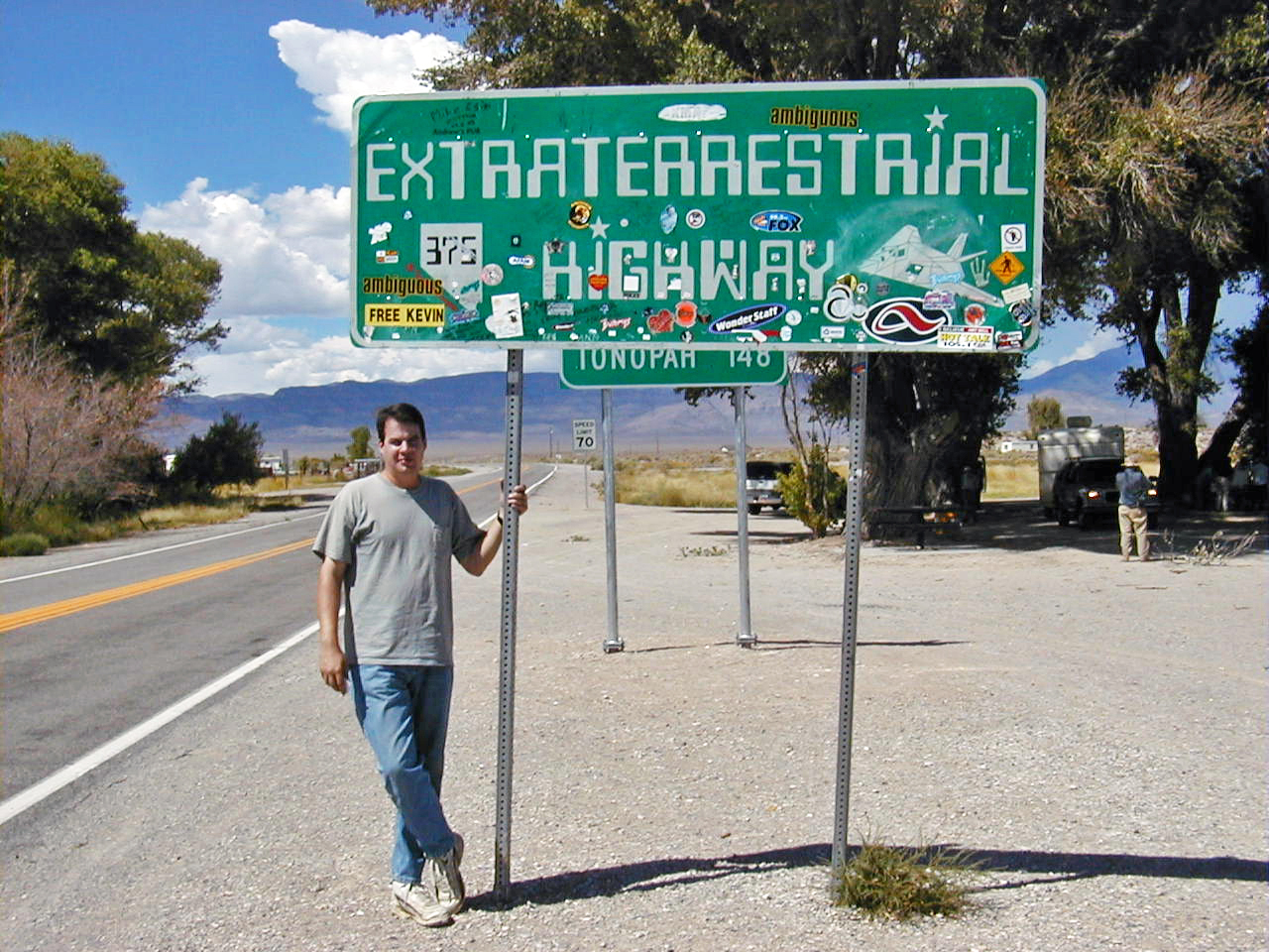 Extraterrestrial Highway sign & JSJ (Route 375, Nevada, USA) - 1999