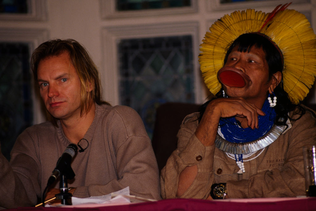 Kayapo and Sting at a press conference