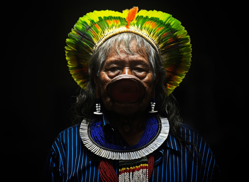 leader of the Kayapo people ethnic group in traditional clothes