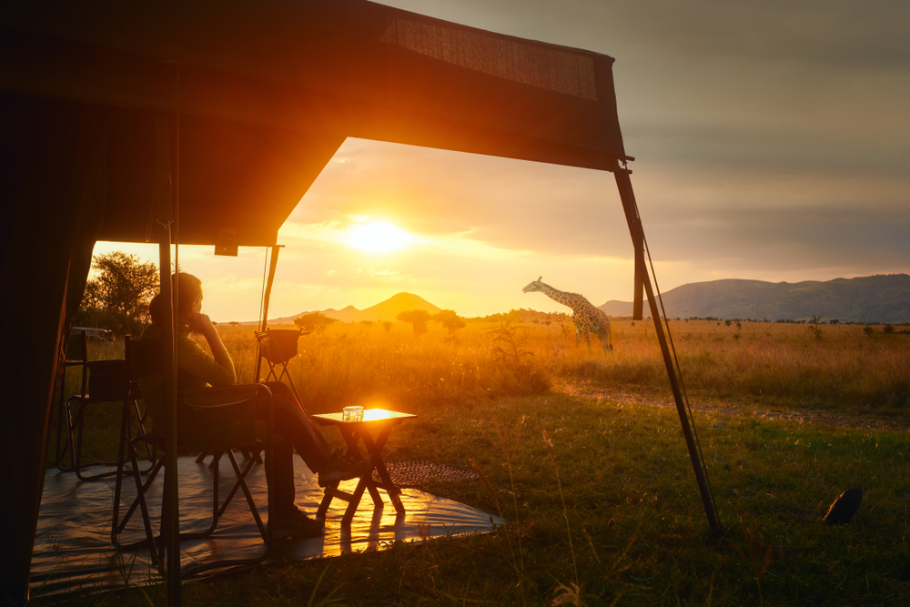 Woman rests after safari in luxury tent during sunset camping in the African savannah