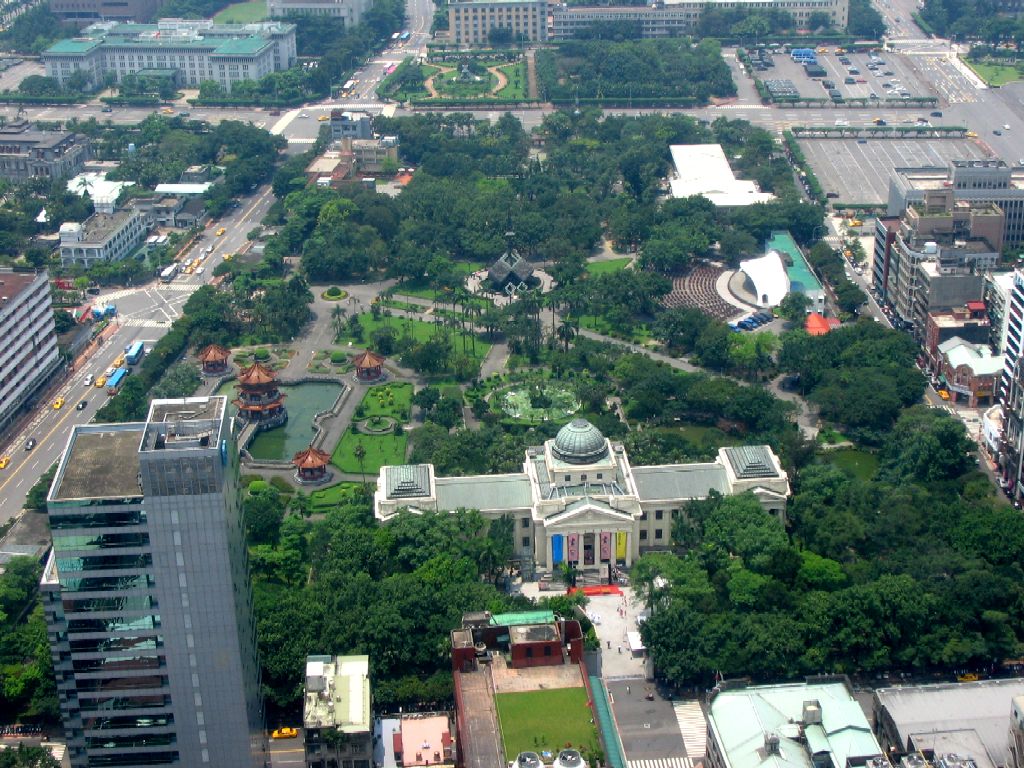 The 228 Memorial Park, previously known as the New Park, in Taipei's Zhongzheng District. The 228 Monument is located at the center of the park.