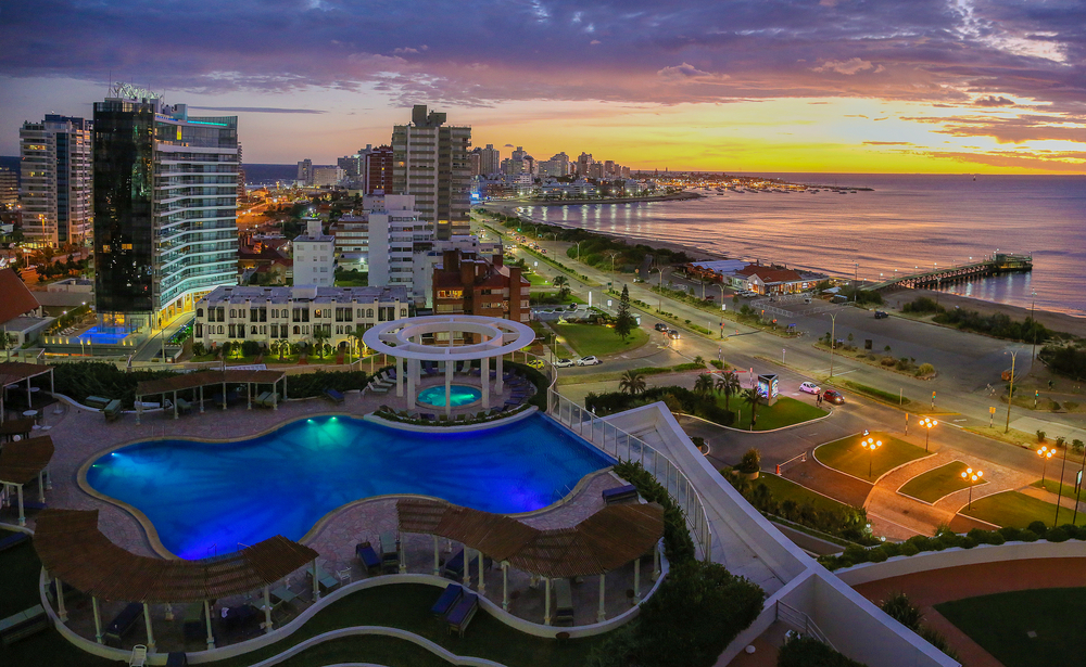 Aerial view over Punta Del Este and Atlantic Ocean on sunset