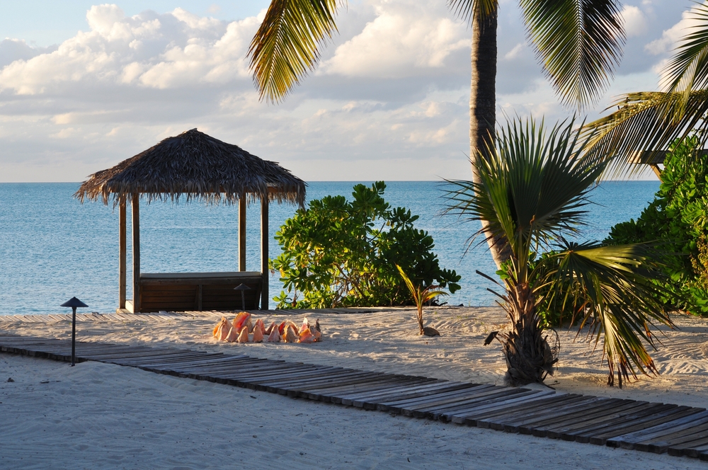 Beach with wooden path, straw hut and palm trees, Norman's Cay, Bahamas