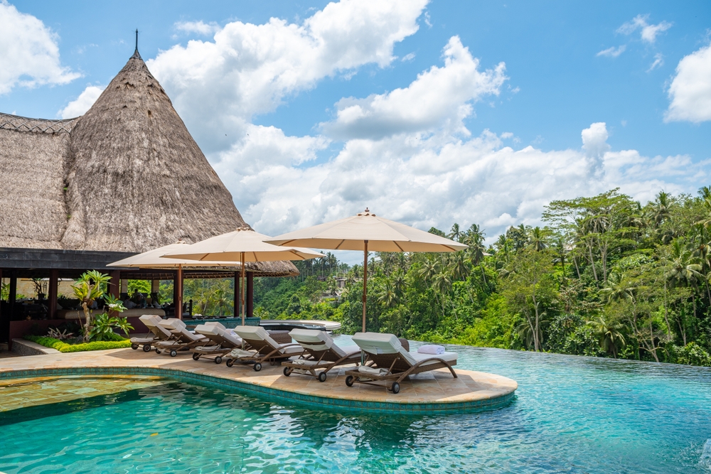 Jungle views from inifinity pool of viceroy hotel, Ubud, Indonesia.