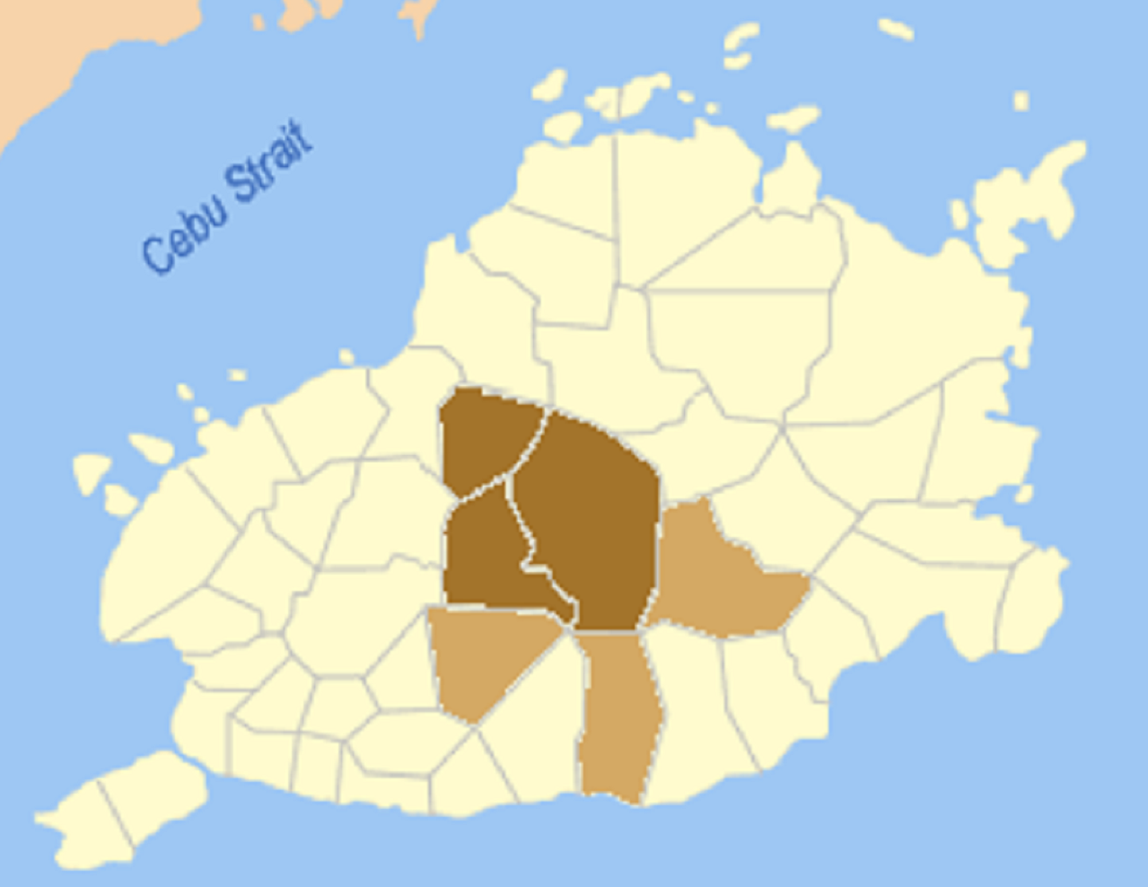Dark brown indicates the greatest concentration of the Chocolate Hills in the Bohol municipalities of Sagbayan, Batuan, and Carmen.