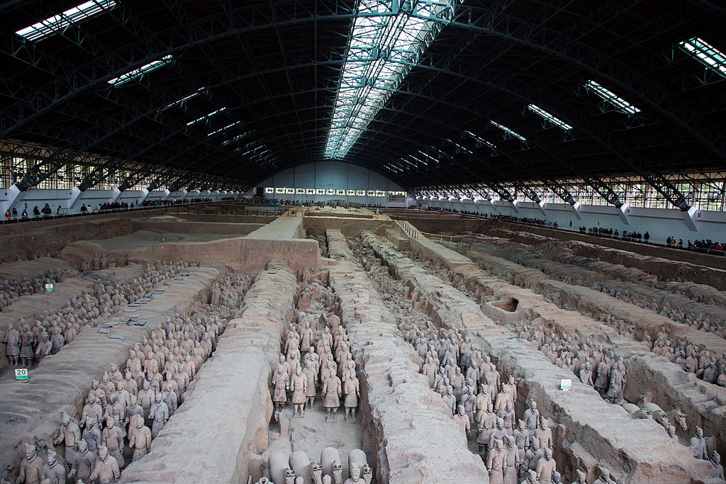 The Terracotta Army a collection of terracotta sculptures depicting the armies of Qin Shi Huang, the first emperor of China.