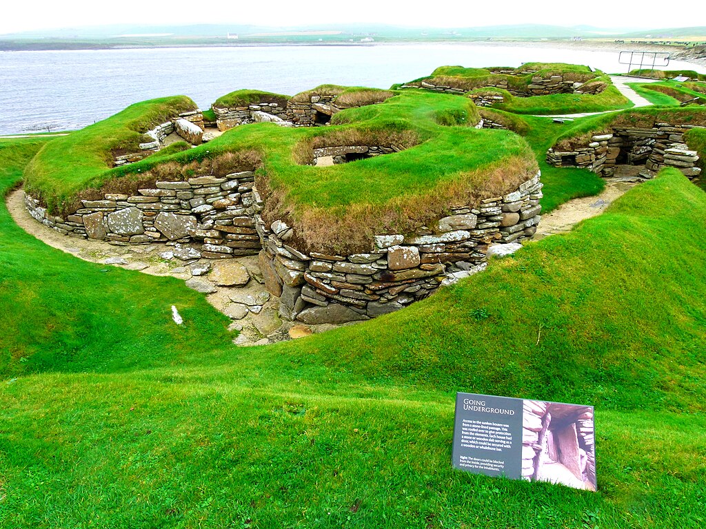 Excavated dwellings at Skara Brae, Europe's most complete Neolithic village.