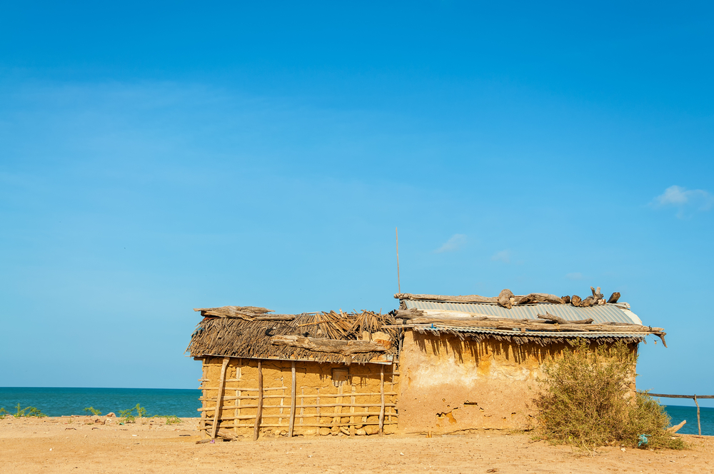 A mud house, typical housing of Wayuu Indians in La Guajira, Colombia on a beach