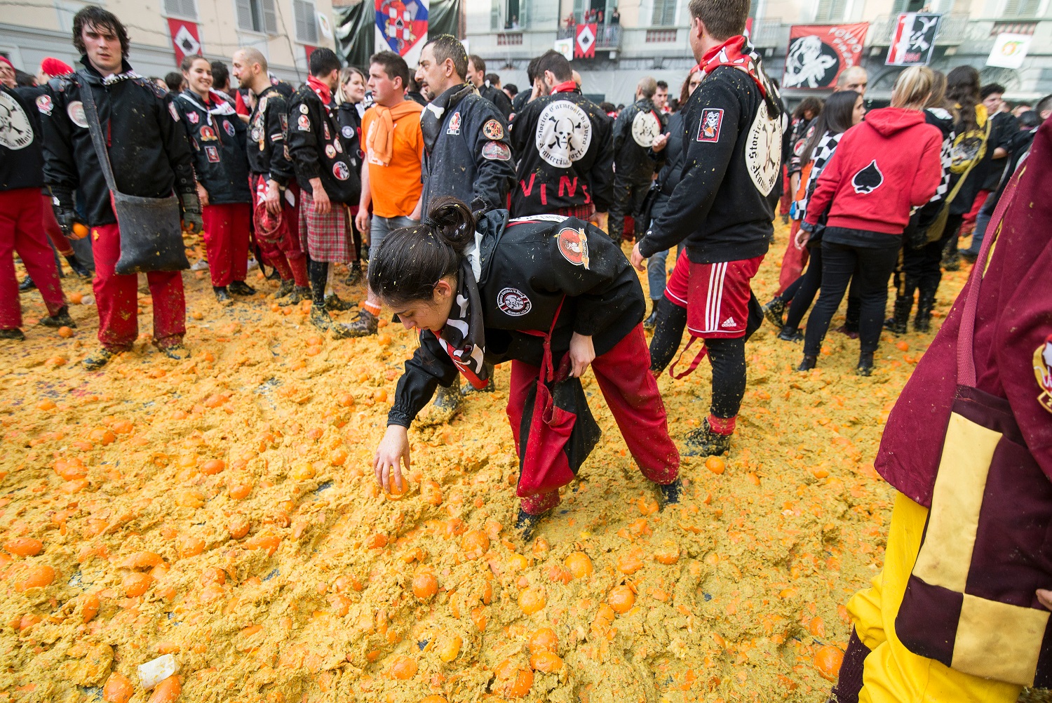 Ivrea, Italy-March 3, 2019: Battle of the Oranges during the Ivrea Carnival
