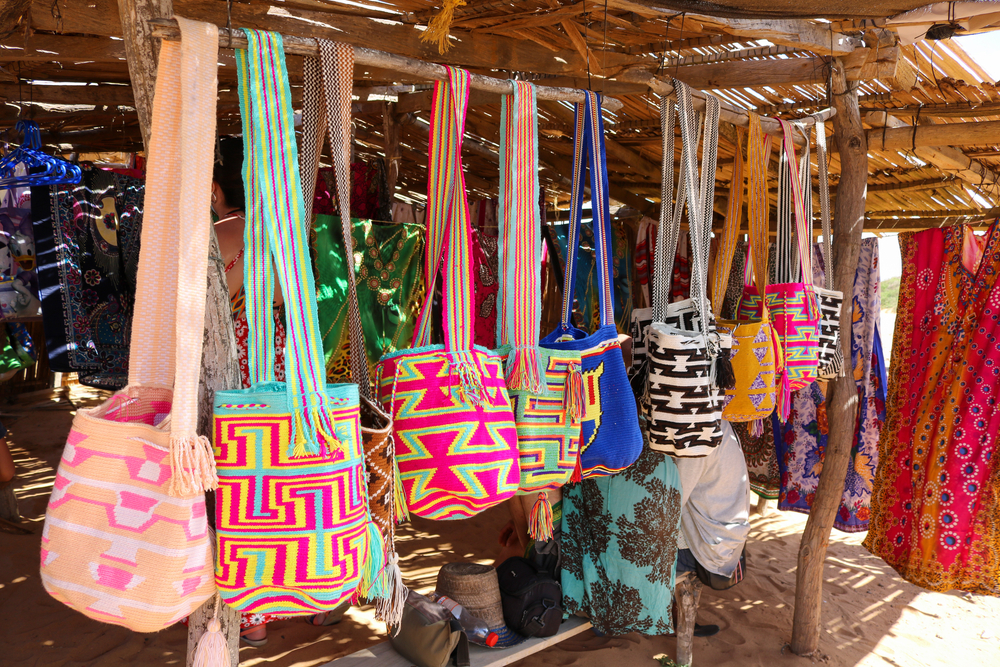 A closeup of colorful thread bags made by indigenous Wayuu people in Cabo de la Vela in La Guajira, Colombia.