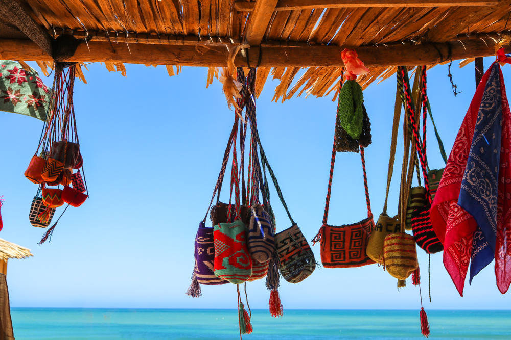 A closeup of colorful thread bags made by indigenous Wayuu people in Cabo de la Vela in La Guajira, Colombia.