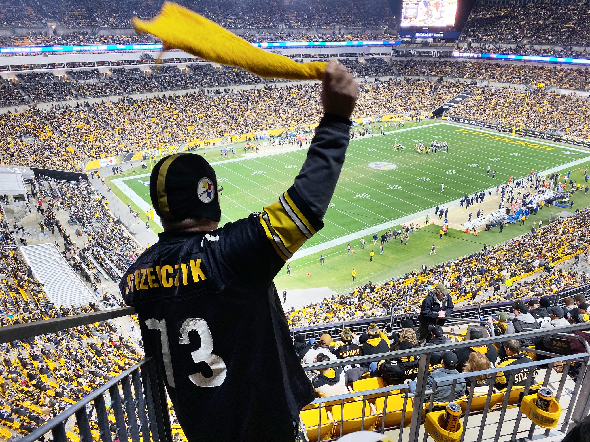 Fans cheer with Terrible Towel - 2019