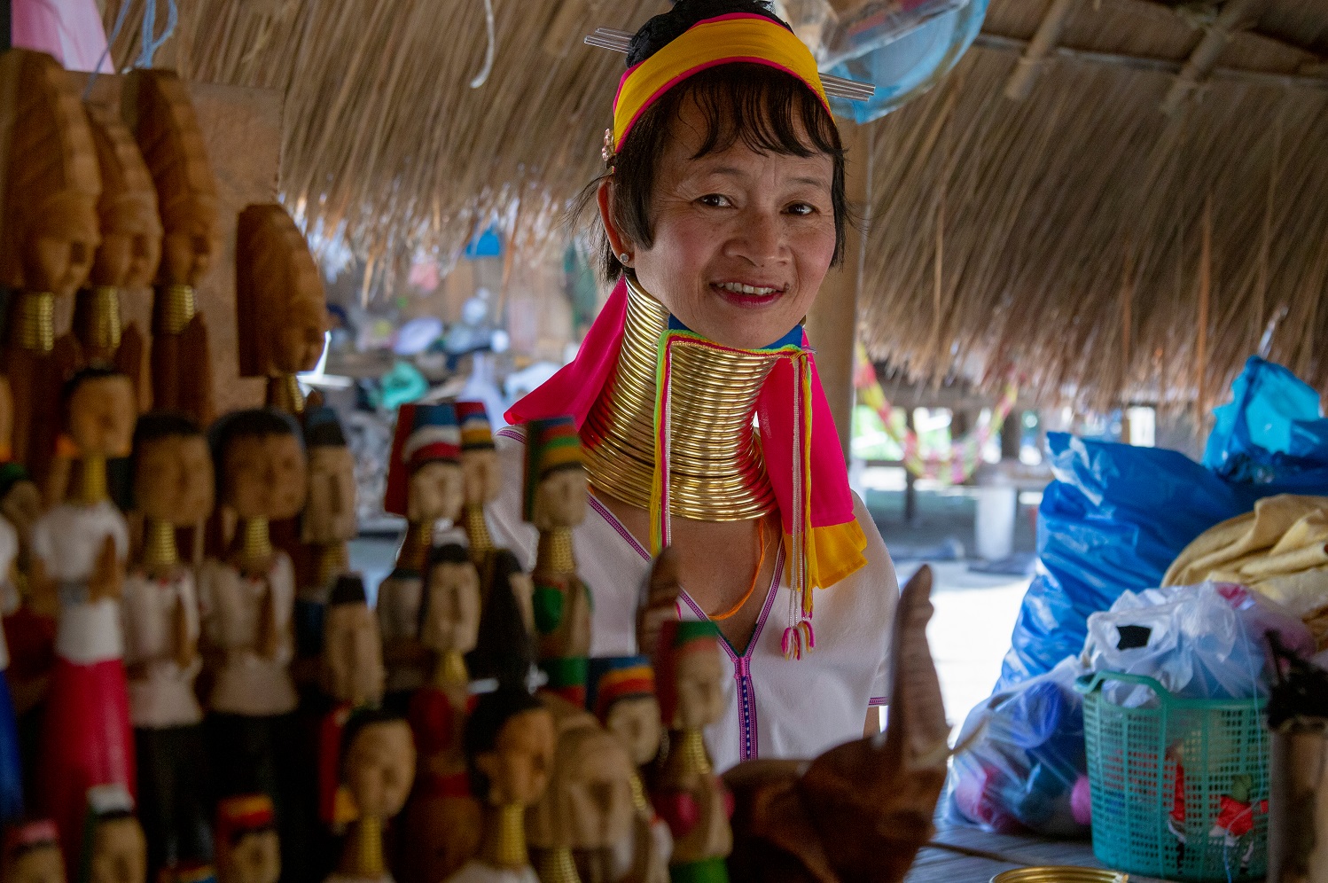 Karen hill tribe woman wearing the traditional neck rings in the Huai La Development Karen Village - 2019
