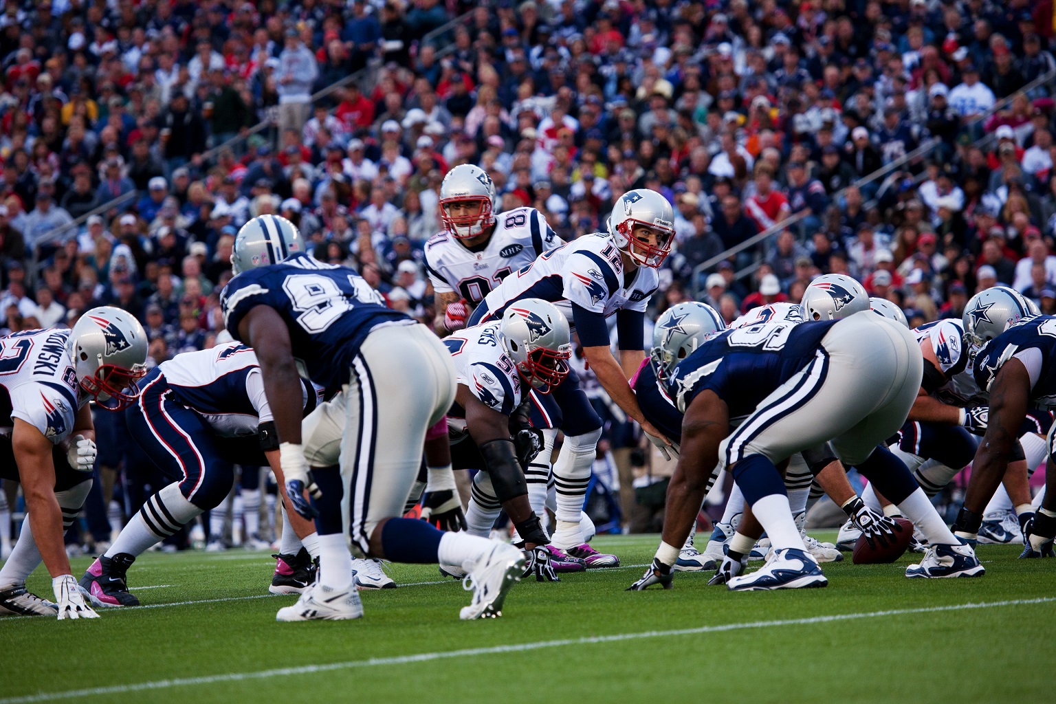 Quarterback Tom Brady, No 12, takes hike at Gillette Stadium, New England Patriots vs. Dallas Cowboys on October 16, 2011 in Foxborough, Boston, MA