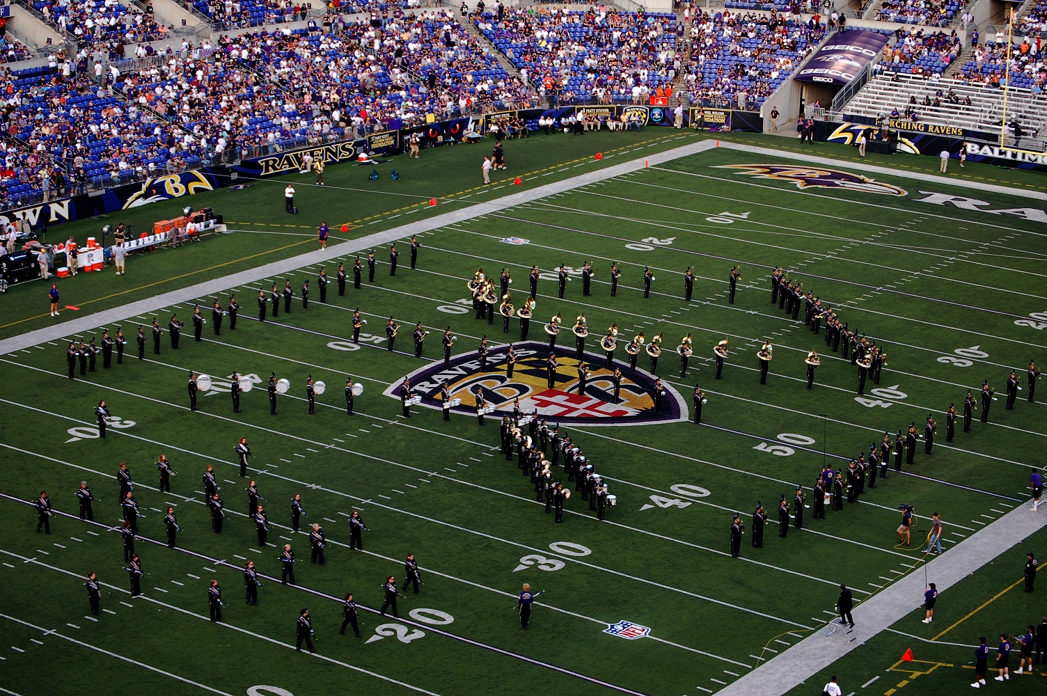 The band takes the field at M&T Bank Stadium during halftime of the Ravens-Browns game September 21, 2008 in Baltimore, MD