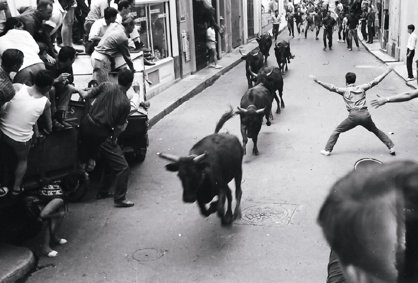 Bulls release in the streets of Arles, Bouches-du-Rhône, France - 1963