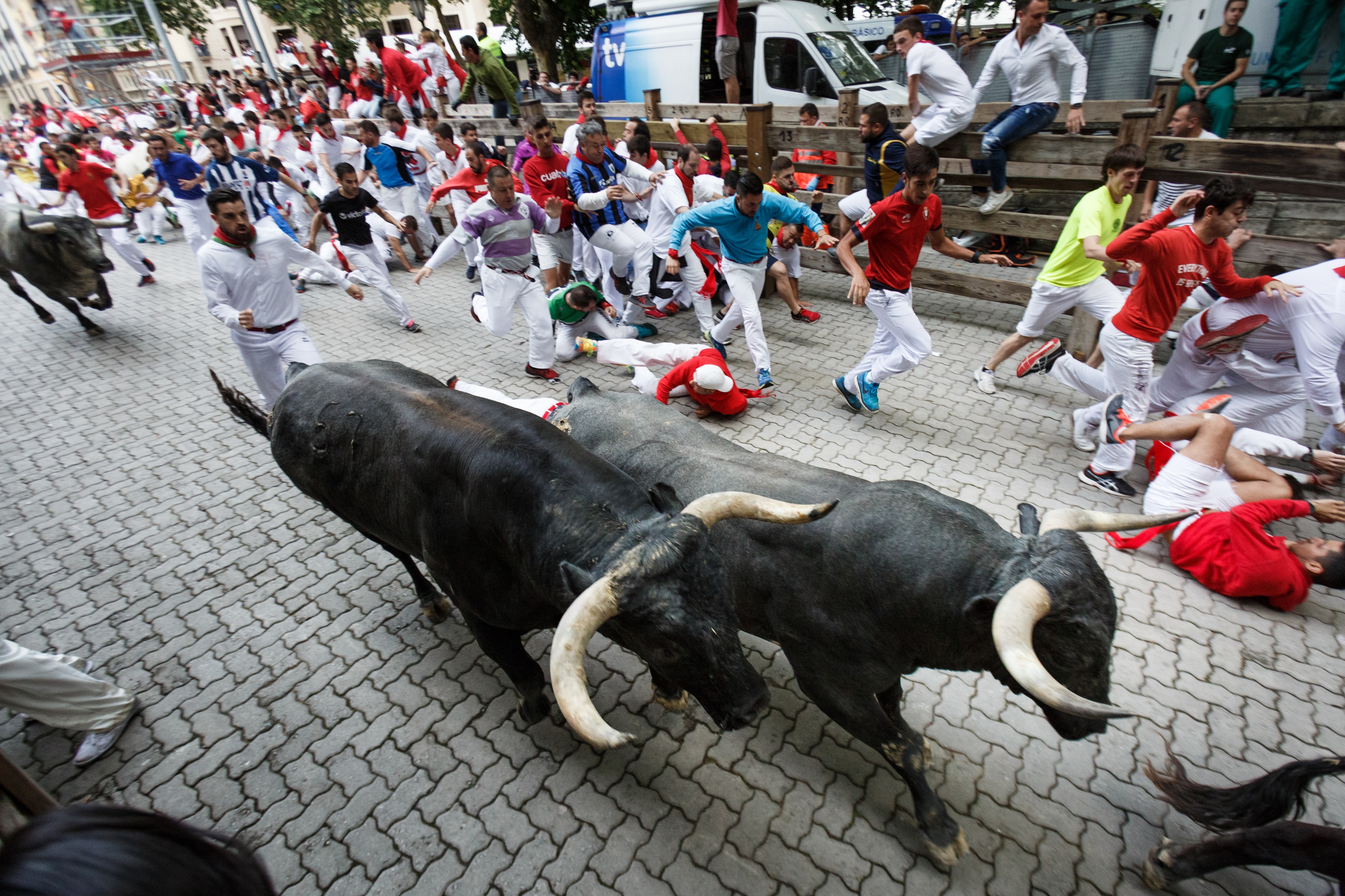 Bulls and people running on the street in the festival of San Fermin - 2017