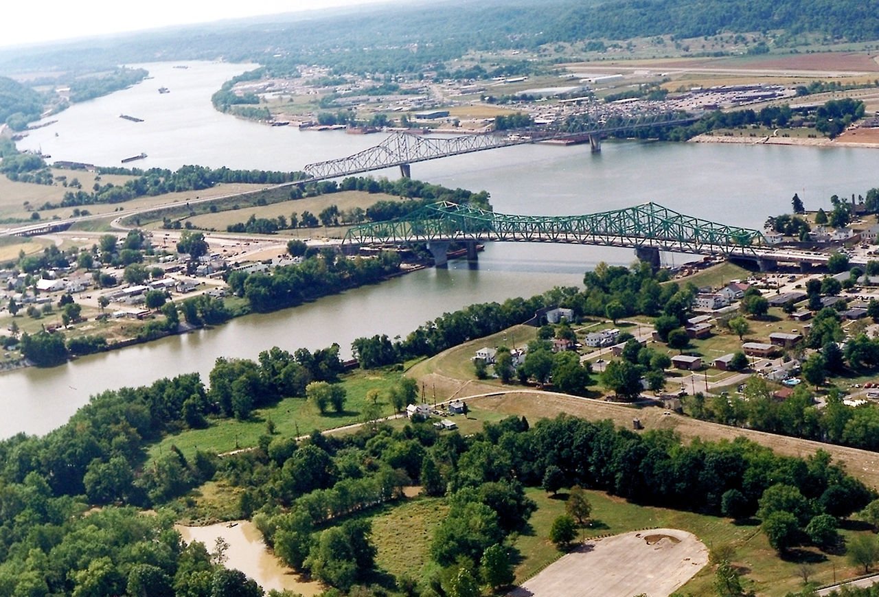 The confluence of the Kanawha and Ohio Rivers. The Kanawha River flows in from the left of the picture and joins the Ohio, meandering off in the distance.