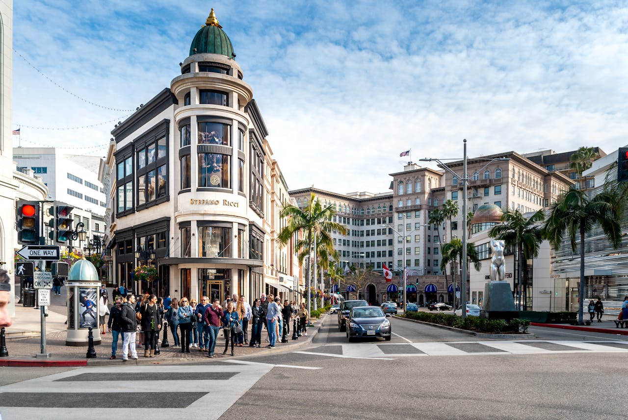 People walking on street near building in Beverly Hills LA, USA