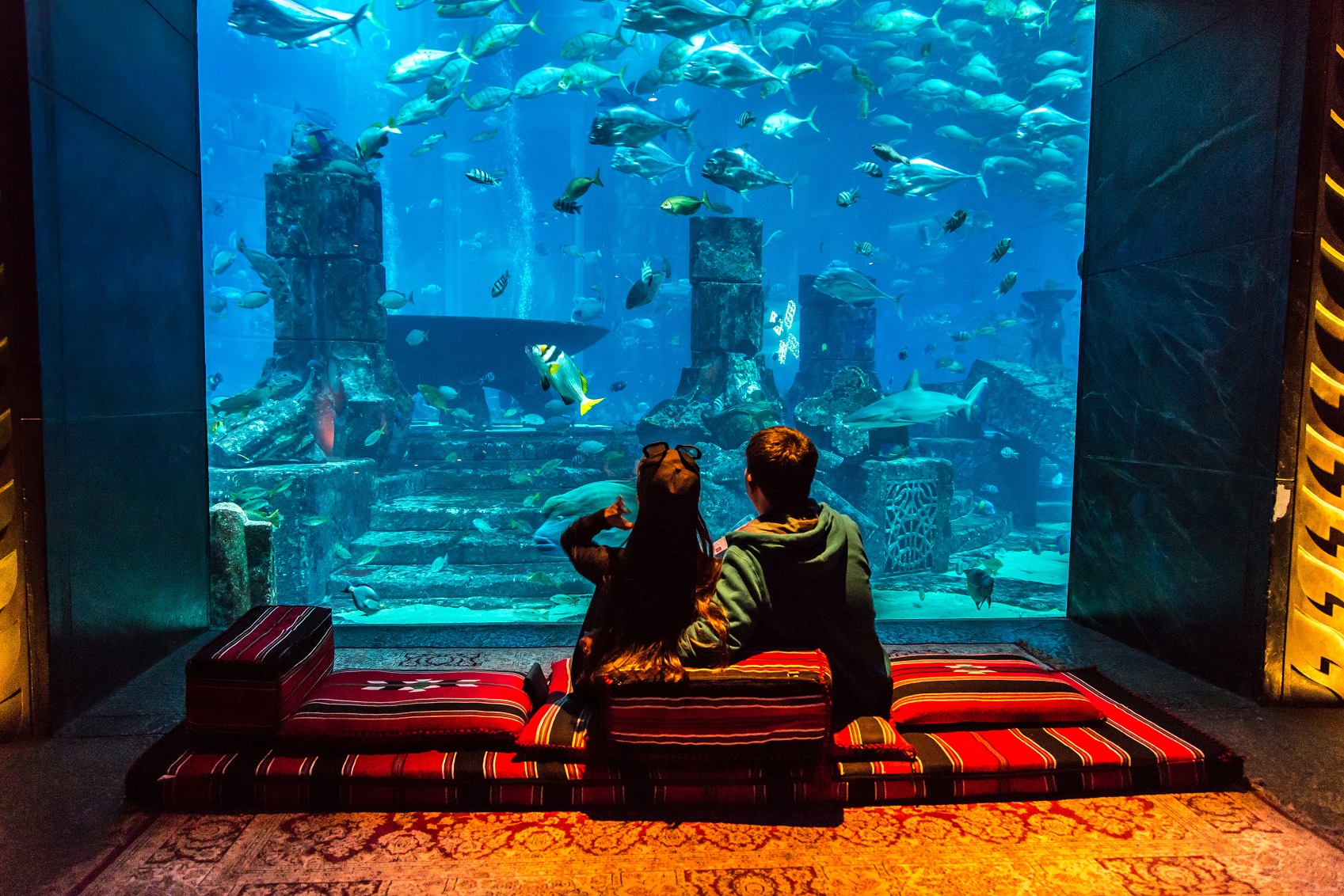 Large aquarium in Hotel Atlantis in Dubai, UAE. December 5, 2015