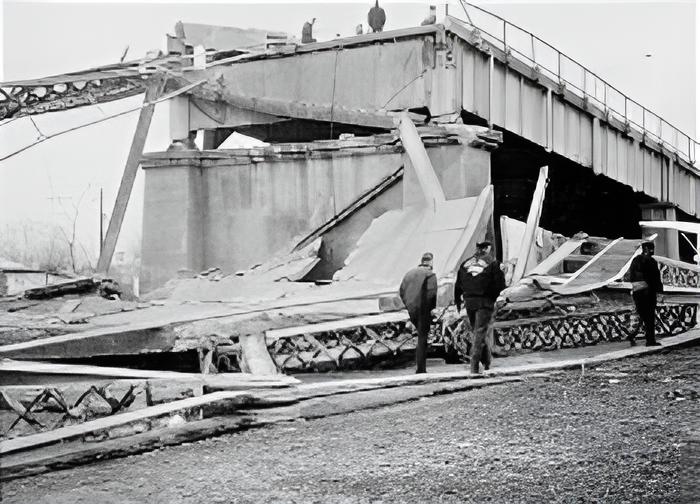 Grayscale Photo of Silver Bridge Collapsed, Ohio Side