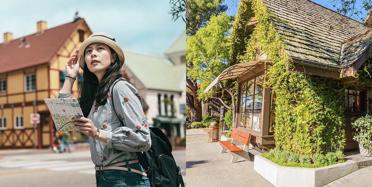 tourist and house split image